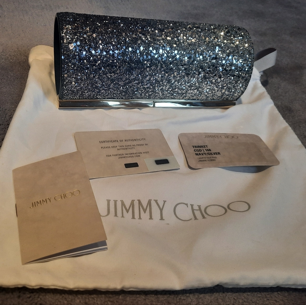 Jimmy Choo authenticated trinket clutch bag, navy/silver glitter.  Mint!